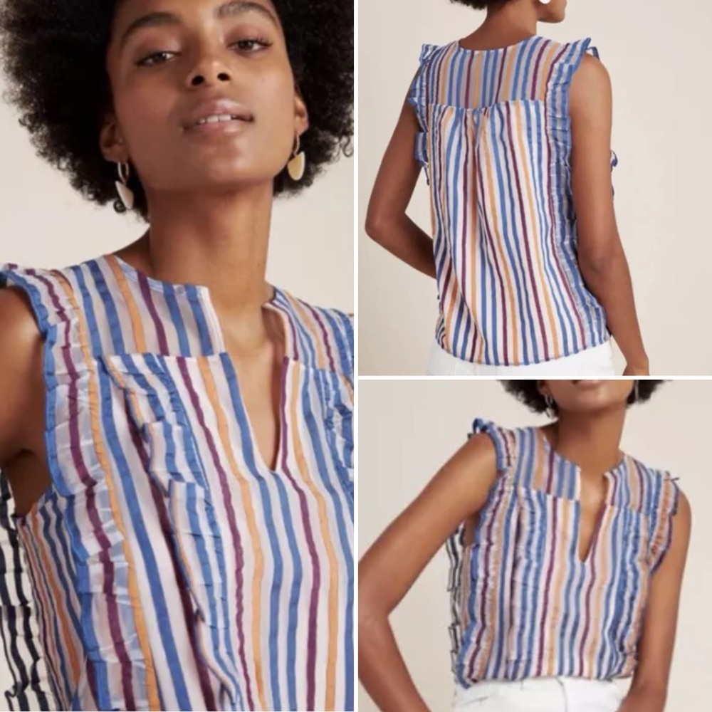 ANTHROPOLOGIE Maeve Elisabetta Pink Striped Ruffled Sleeveless Blouse Size 12